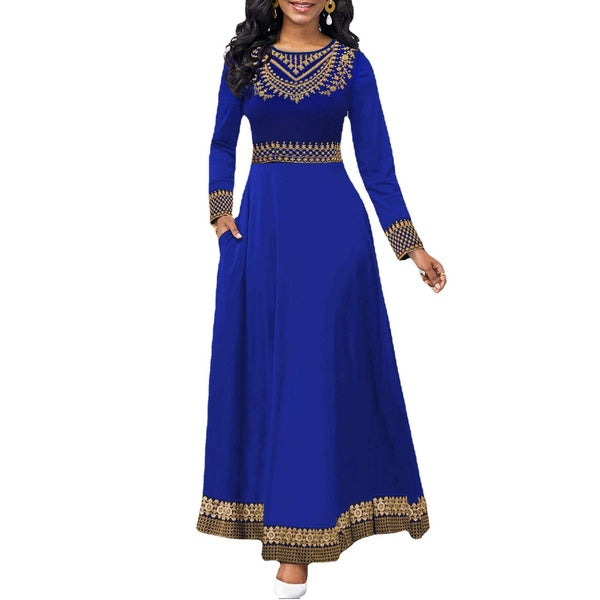 Vintage Dress Fashion Print High Waist Long Sleeve Long Swing Dress Women