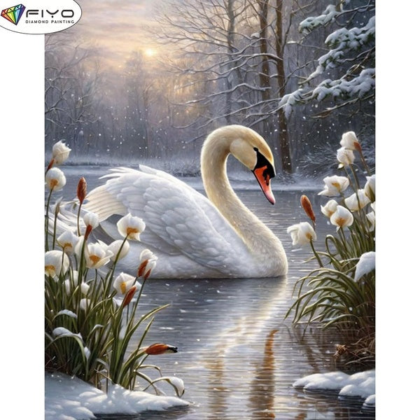 FIYO DIY 5D White Swan Diamond Painting Full Drill with Number Kits Home and Kitchen Fashion Mosaic Diamond Painting Canvas Wall Decoration Gift Craf