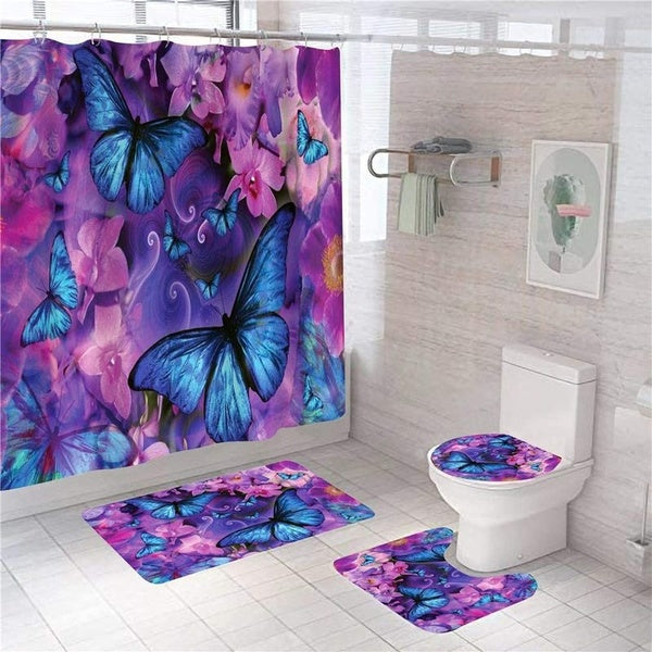 1-3-4 Pcs-set Blue Butterfly Shower Curtain Set with Non-Slip Rugs Toilet Lid Cover and Bath Mat Purple Flowers Shower Curtain Sets with Rugs Bathroo