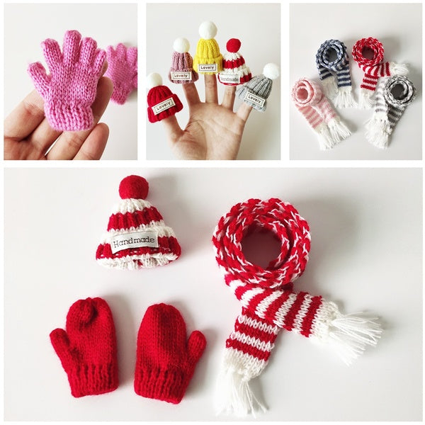 Mini Handmade Wool Hat-Scarf-Gloves-Christmas Hat-Knitting Sweater Model Creative Doll House Accessories