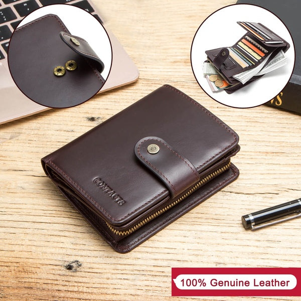 Men Zipper Wallet Short Wallet Brand Trifold Wallet Genuine Leather Card Holder Coin Purse with Hasp Closure