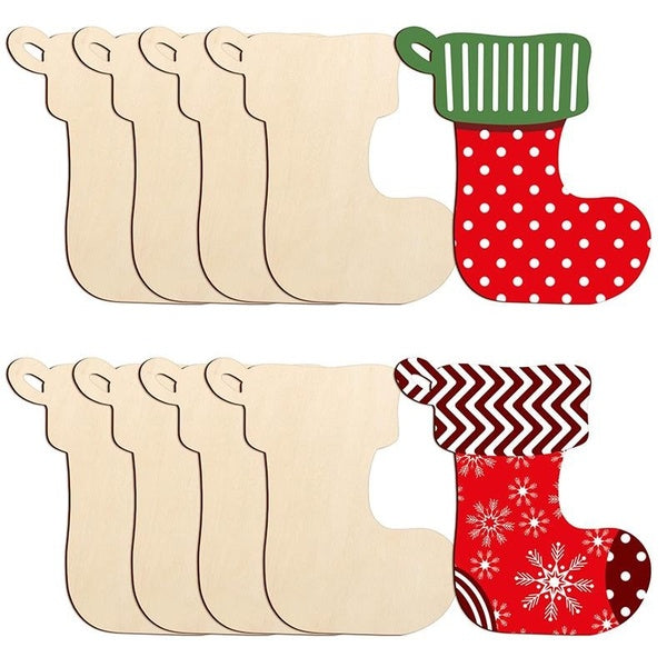 10PCS Wooden Christmas Ornaments to Paint, DIY Blank Unfinished Wood Christmas Socks Ornament for Crafts Hanging Decorations