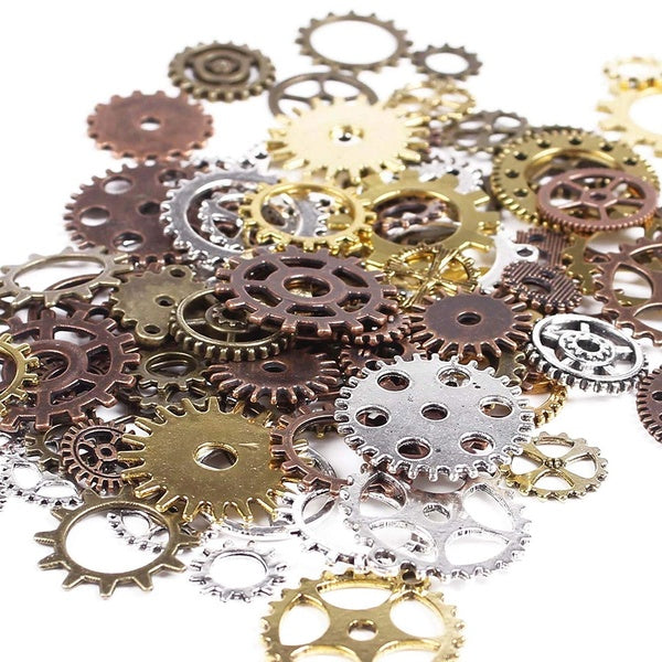 100 Gram DIY Assorted Color Antique Metal Steampunk Gears Charms Pendant Clock Watch Wheel Gear for Crafting, Jewelry Making Accessory