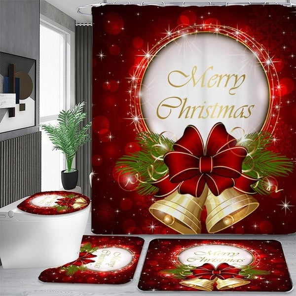 1-3-4 PCS Christmas Bathroom, Xmas Santa Claus Elk Snowman Shower Curtain And Bath Mat With Non-Slip Rug, Toilet Lid Cover Waterproof Shower Curtains