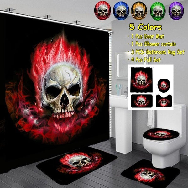 5 Colors Flame Skull Print Bathroom Decor Sets Waterproof Shower Curtain + Lid Toilet Mats + Non-Slip U Shape Mat + Anti-Slip Carpet Shower Curtain (