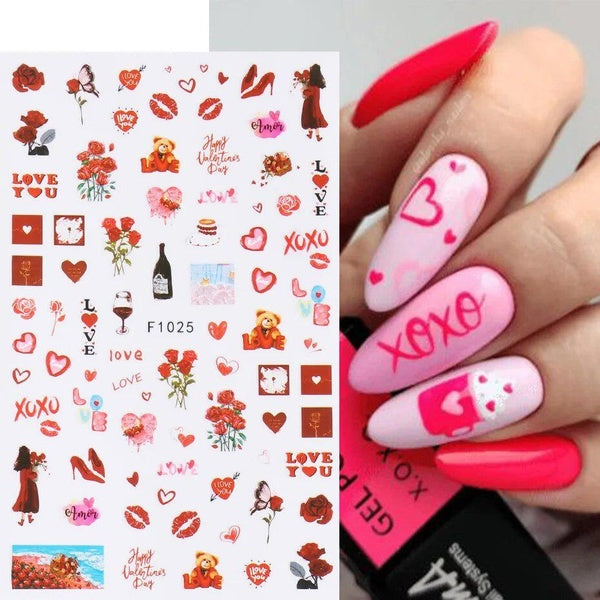 Simple Red Love Letter Nail Stickers Cartoon Bear Rabbit Stickers For Nails New Valentine's Day Stickers Nail Decoration