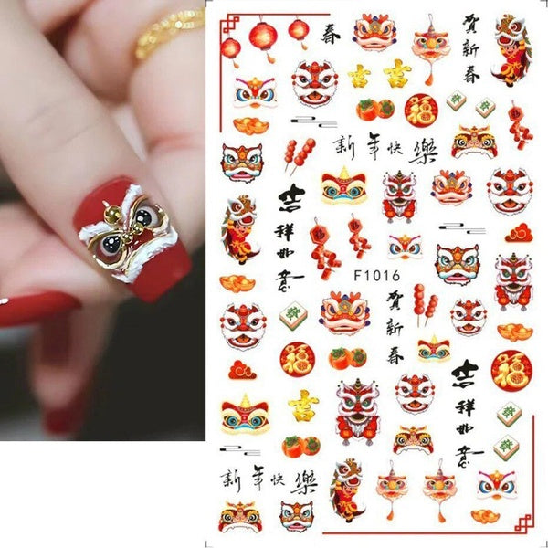 Dragon New Year Nail Sticker Cartoon Chinese Red Awakening Lion Dragon Blessing Letter 3D Slider Gel Polish DIY Nail Decoration