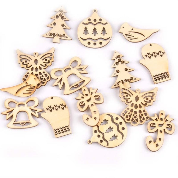 50pcs 26-40mm breloques de noël à la main décorations de couture boule d'arbre Scrapbookings bricolage artisanat pandents en bois non finis MT1777