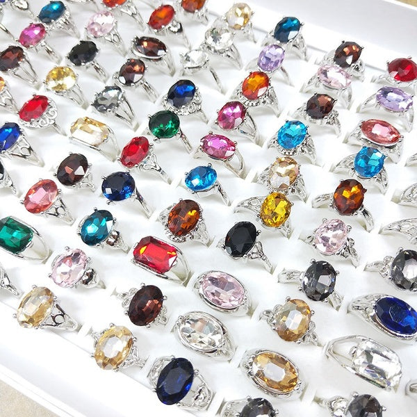 10Pcs-lot Women's Multicolor Gem Rings Charm Large Glass Crystal Silver Ring Elegant Jewellery Party Gift