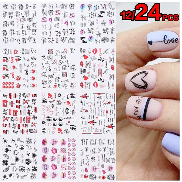 12-24pcs Love Letter Flower Sliders for Nails Inscriptions Romantic Valentines Manicure Nail Art Decoration DIY Water Transfer Slider Sticker Decal