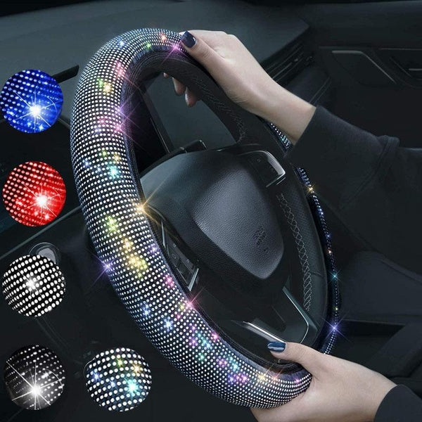 New Diamond Leather Steering Wheel Cover with Bling Bling Crystal Rhinestones, Universal Fit 15 Inch Car Wheel Protector for Women Girls