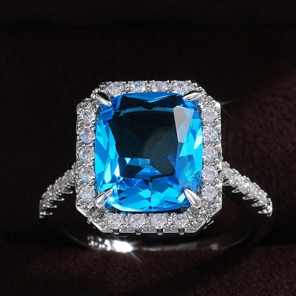 Princesse Cut Naturel Aigue-Marine Argent Plaqué Lab Diamant Mer Bleu Saphir Anneaux pour les Femmes De Mariée De Mariage Partie Gemme Anneau Bijoux