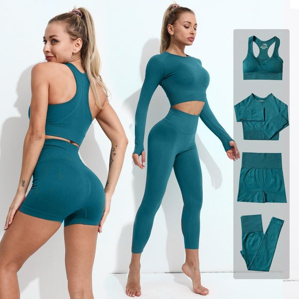 Ensemble de yoga sans couture pour femmes, 4 pièces, vêtements de sport, d'entraînement, de gymnastique, de fitness, haut court à manches longues, le
