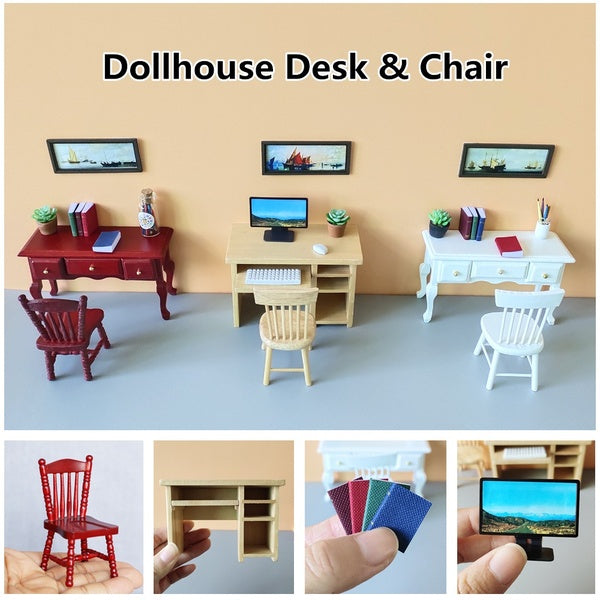 Dollhouse Study Room Mini Computer Desk & Chair-Bookcase-Books Dollhouse Accessories 1:12 Miniatures Collection