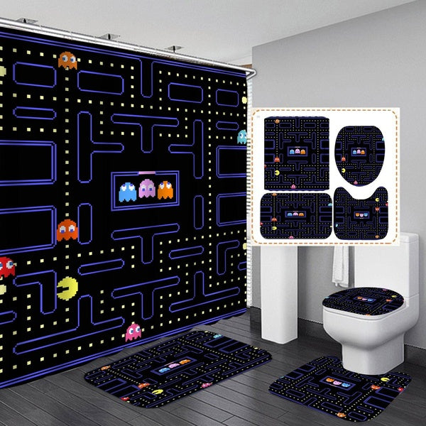 Cartoon Game Shower Curtain Bathtub Bathroom Toilet Cover Mat Set Shower Curtain