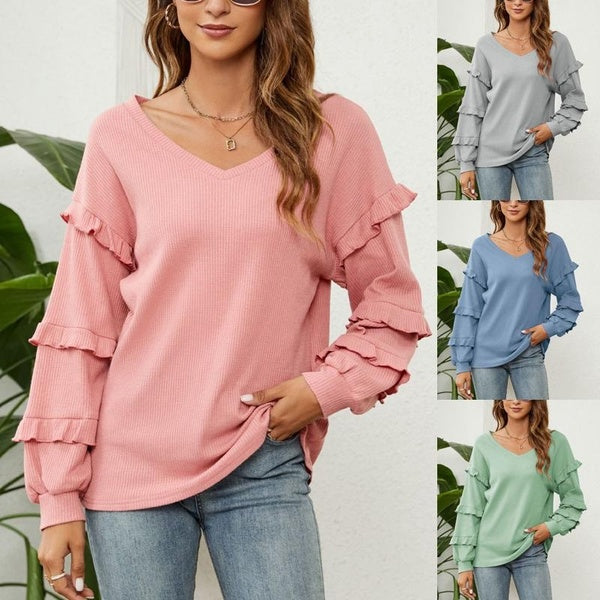 Women's Fashion Casual V Neck Long-sleeved Blouses Cute Lantern Sleeve Blouses Personalized Ruffled Sleeve Tops