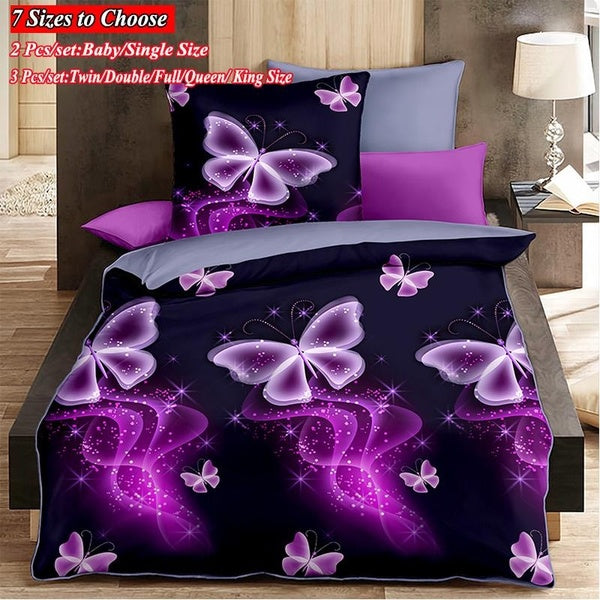 Luxury 3D Purple Butterfly Printed Bedding 2-3 Pcs Home Living Comfortable Duvet Cover with Pillow Case Bedding Set 7 Sizes:Baby-Single-Twin-Double-F