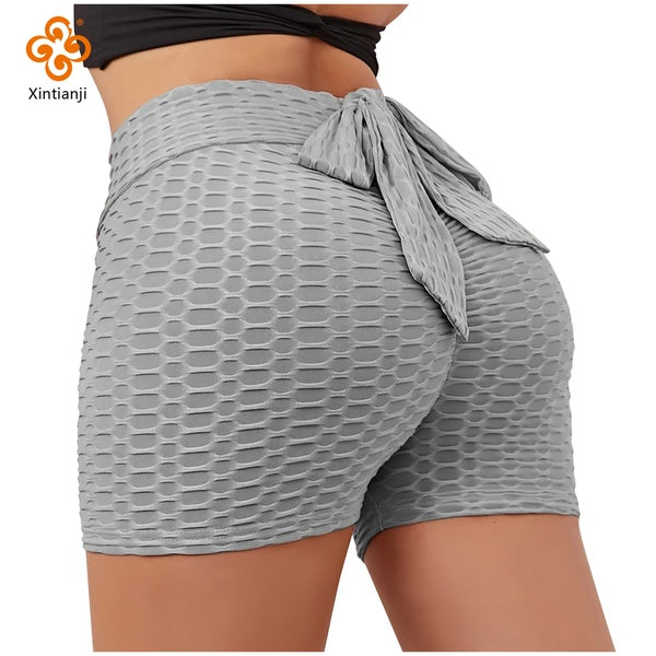 Xintianji Women Back Bow Yoga Shorts Stretch High Waist Sports Honeycomb Anti Cellulite Leggings Butt Lift Fitness Shorts S-2XL