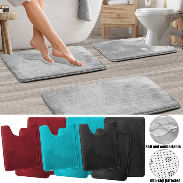Velvet Memory Foam Bath Mat - Non-Slip Bath Rugs, Machine Wash, Dries Quickly - Ultra Soft Bath Mats for Bathroom, 3 Piece Gray Bathroom Rug Set