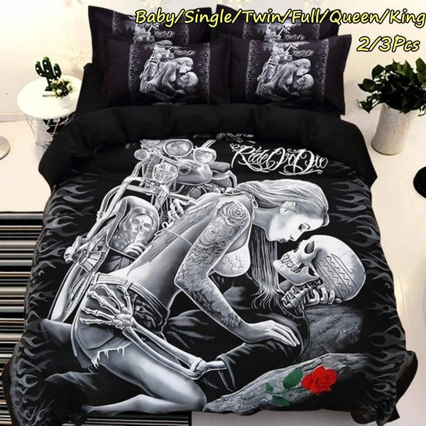 3D Cool Skull with Women Black Bedding Set Digital Print Duvet Cover Pillowcase 2-3 Pcs Bed Set Single-Twin-Double-Full-Queen-King-Baby Size Bedroom