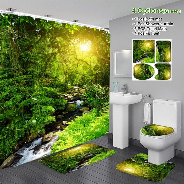 3D Nature Scenery Waterfall Trees Scenery Bathroom Set Decro Waterproof Shower Curtain + Non-Slip Floor Mat + Bath Rug + Toilet Cover Set with 12 Hoo
