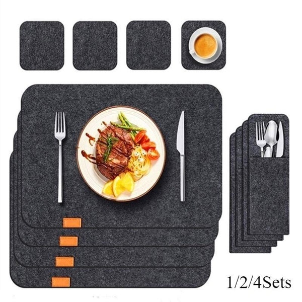 1-2-4Set (3-6-12Pcs) Premium Felt Placemats Washable, Placemat 16x12 Inch Wipeable, Felt Coasters Place Mats Coasters Plates + Glass Coasters, Suitab