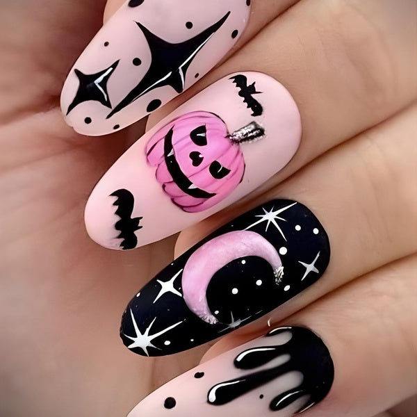 24pcs Halloween Pink Wearing Nails Detachable French Ballerina Nails Art Press on Nails Almond Fake Nails Cartoon False Nails