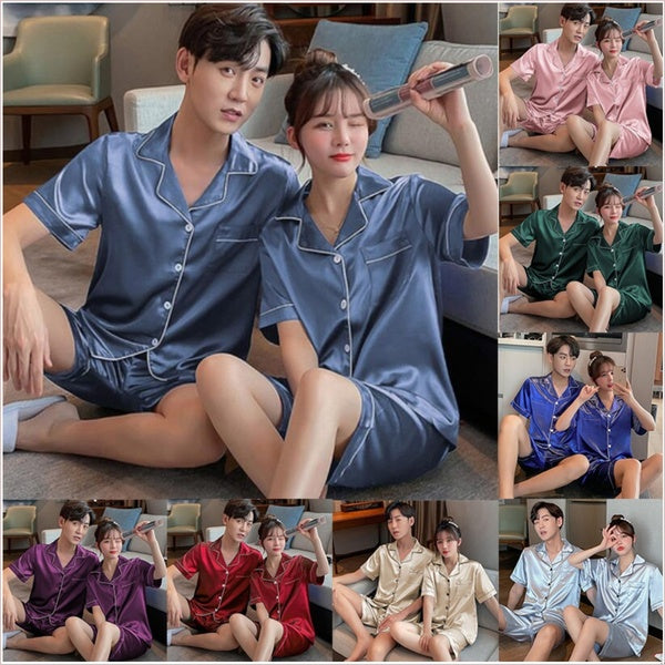 New Couple Pajamas Summer Satin Short Sleeve 2-Piece Suit Satin Pajamas Set Sleepwear Suit Women- Man Tracksuits