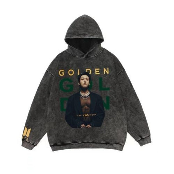 KPOP 防弾少年団 Bangtang Boys Jeon Jungkook Hoodie New Album Golden the Same Style Cotton Washed Old Long Sleeve Top Tidal Washed Sweater Retro Hat Hooded