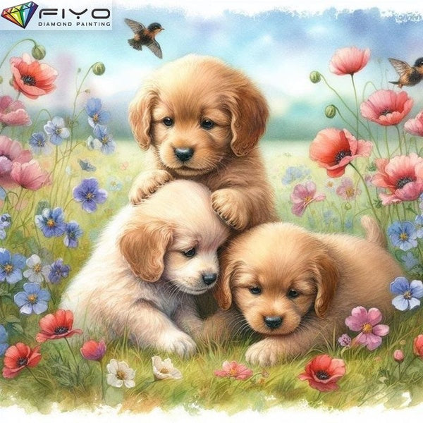 FIYO Three Little Dog DIY 5D Diamond Painting Full Drill with Number Kits Home and Kitchen Fashion Mosaic Diamond Painting Canvas Wall Decoration Gif