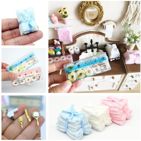 Dollhouse Bathroom Mini Tissue-Towel-Shampoo-Mirror-Hair Dryer Mini Mirror 1:12 Scale Miniatures Collection Kids Toy
