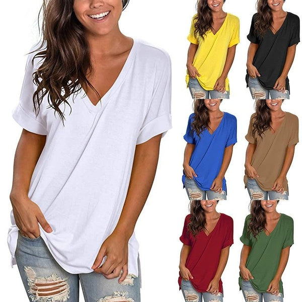 Women's Fashion Casual V Neck Short Sleeve T-shirt Female Summer Loose T Shirts Solid Color Blouses Tops