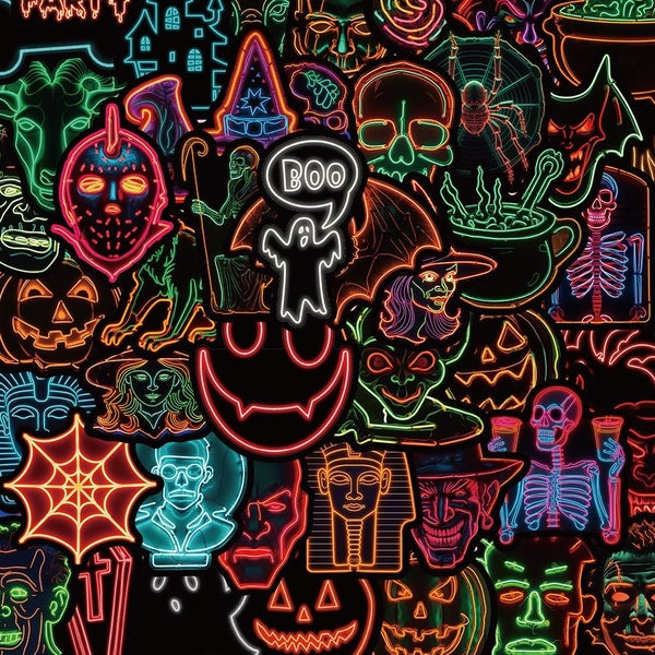 10-50pcs Neon Halloween Stickers Aesthetics Halloween Horror Waterproof Stickers for DIY Luggage Laptop Skateboard Motorcycle Stickers