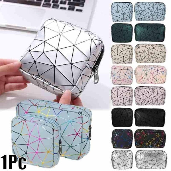 1Pc PU Leather Portable Rhombus Geometry Cosmetic Bag Women Lipstick Cosmetic Sanitary Napkin Storage Travel Pouch Makeup Bag Organizer Coin Purse Fo
