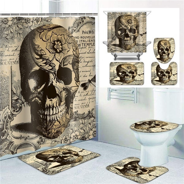 Retro Sugar Skull Design Shower Curtain Sets with Non-Slip Rugs, Toilet Lid Cover and Bath Mat, Waterproof Polyester Fabric Shower Curtains with 12 H
