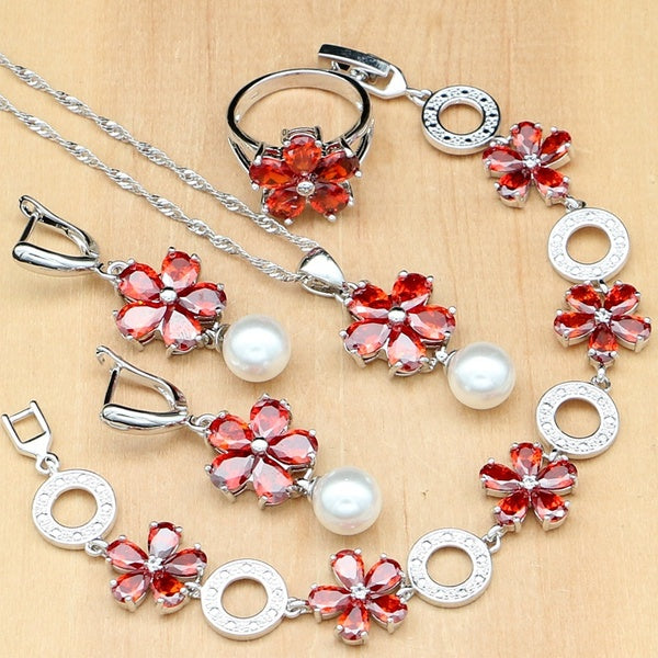 925 Silver Jewelry Sets Red Cubic Zirconia White Pearl Beads For Women Wedding Earrings-Pendant-Necklace-Ring-Bracelet