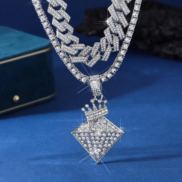 Men Women Hip Hop Crown Diamond Design Pendant Necklace Tennis Chain Crystal Cuban Chain HipHop Iced Out Bling Necklaces Fashion Charm Jewelry