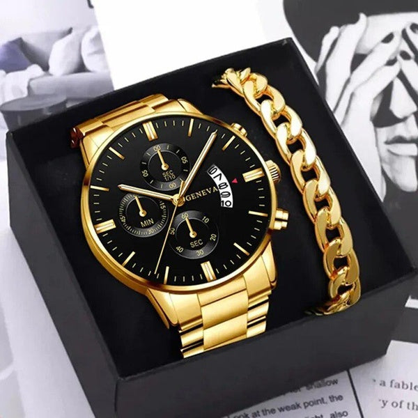 Montres de luxe pour hommes, montre-Bracelet à Quartz en acier inoxydable, ensemble de Bracelets d'horloge en or décontracté