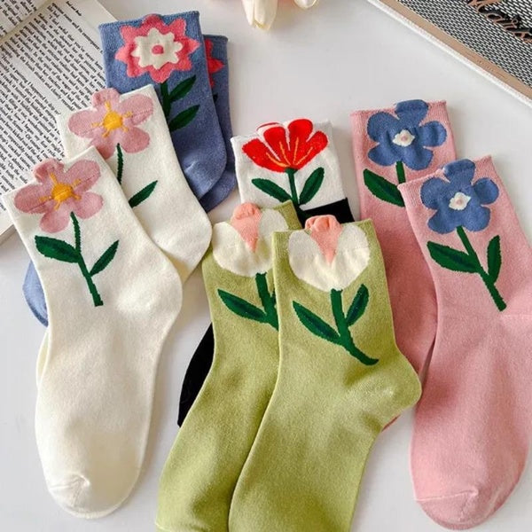 3 paires de chaussettes en coton pour femmes, couleur bonbon, fleur, Tube moyen, mignonnes, respirantes, décontractées, courtes pour femmes