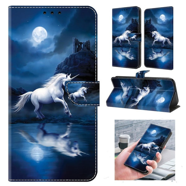 Étui à rabat en cuir PU avec motif de cheval blanc, avec porte-cartes, pour iPhone 15 14 13 12 11 XR 8 7 6 et Samsung Galaxy S24 S23 S22 S21 S20 S10
