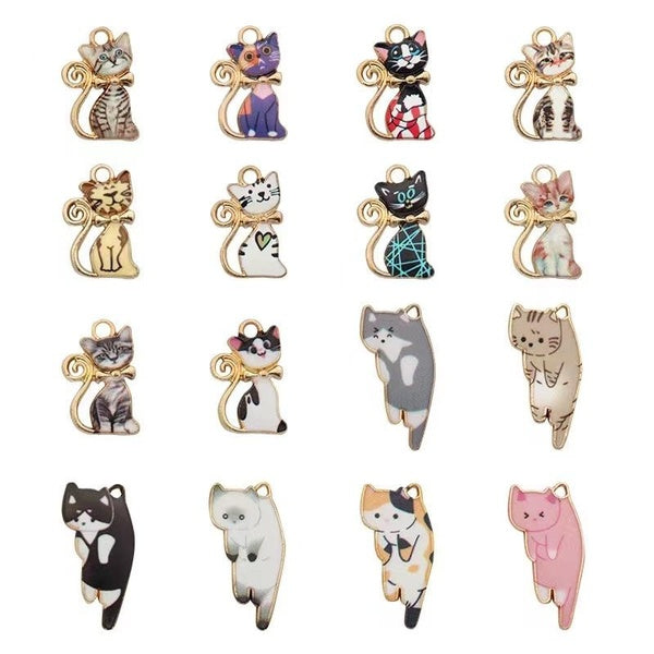 16pcs Fashion Gold Color Metal Alloy Kawaii Enamel Cat Animal Charms Pendant Fit Jewelry Making DIY Jewelry Finding