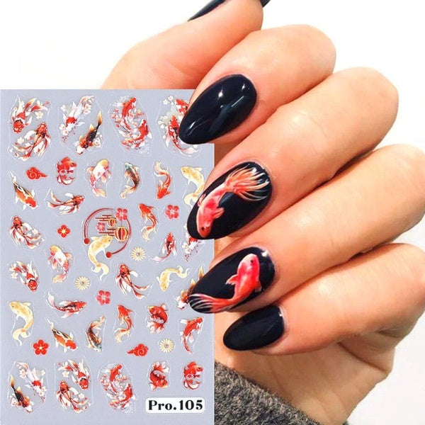 5D Cartoon Series Nail Art Stickers Kawaii Koi Carp Fish Design Nail Decoration Blue Dragon Transfer Slider Decals DIY Accessory