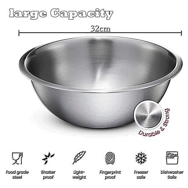 32cm Large Capacity 304 Stainless Steel Mixing Bowl for Kitchen Restaurant Dinner Soup Salad Bowl Food Vegetable Container Dinnerware