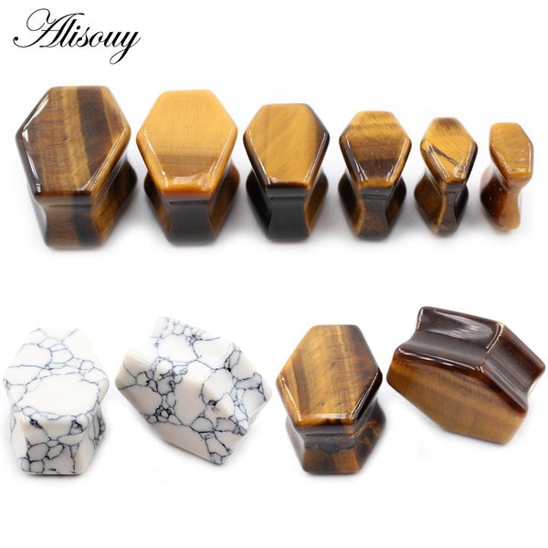 Alisouy 2 pièces femmes cercueil hexagone pierres naturelles Tunnels d'oreille prise chair extenseur civière jauges boucles d'oreilles corps Piercing