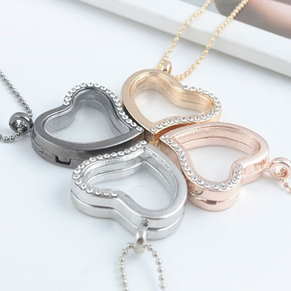 Nouveau Populaire Nouvelle Mode Mémoire Vivante Médaillon Flottant Amour Coeur Demi Strass Charme Pendentif Collier Cadeau De Noël