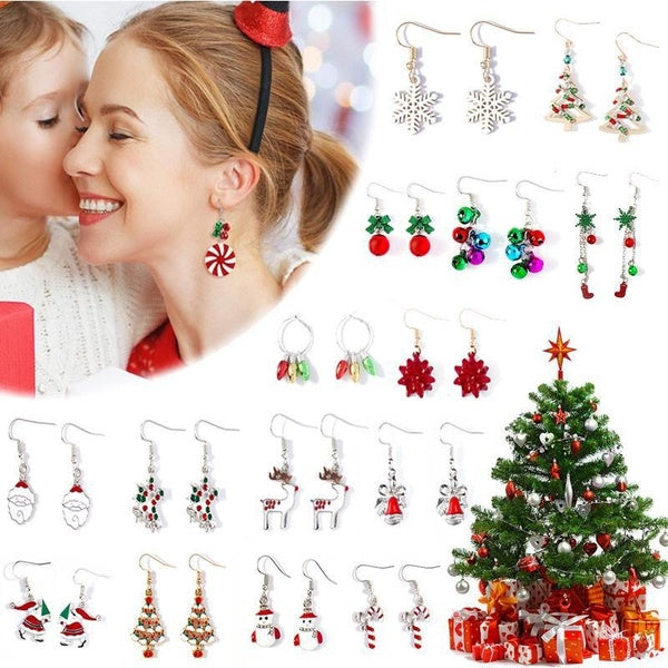 2022 Women's Christmas Earrings 1-4-6-9-12 Double Bow Snowflake Bells Santa Claus Reindeer Christmas Tree Candy Earrings Fashion Accessories Girls Cu