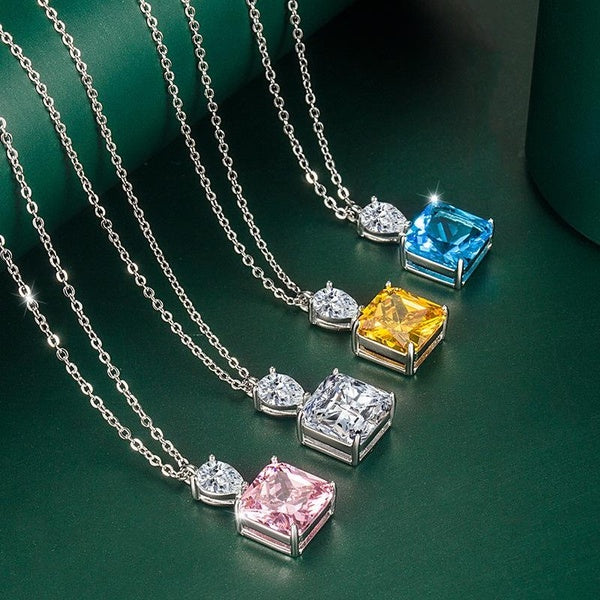 INS Colorful Square Crystal Zircon Pendant Necklace for Women, Simple Fashion 10*10mm Rhinestone Choker Necklace Gift Women Jewelry
