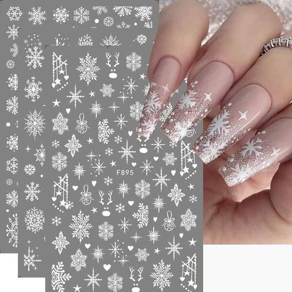3D Nail Snowflakes Stickers White Snowy Christmas Winter Xmas Design Nail Art Decorations Adhesive Decals Foil Manicure TRF897