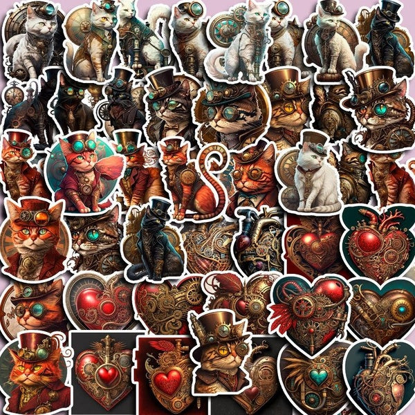 10-50pcs Cool Steampunk Cat Stickers Punk Gothic Cat Graffiti Stickers for DIY Luggage Laptop Skateboard Motorcycle Bicycle Stickers