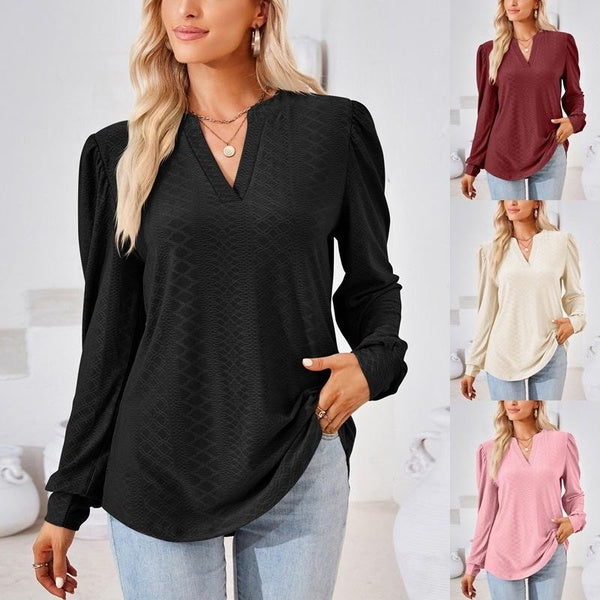 Women‘s Autumn Winter Jacquard T-shirts Ladies Fashion Casual V-neck Long Sleeve Blouses Tops Solid Color Loose Shirts